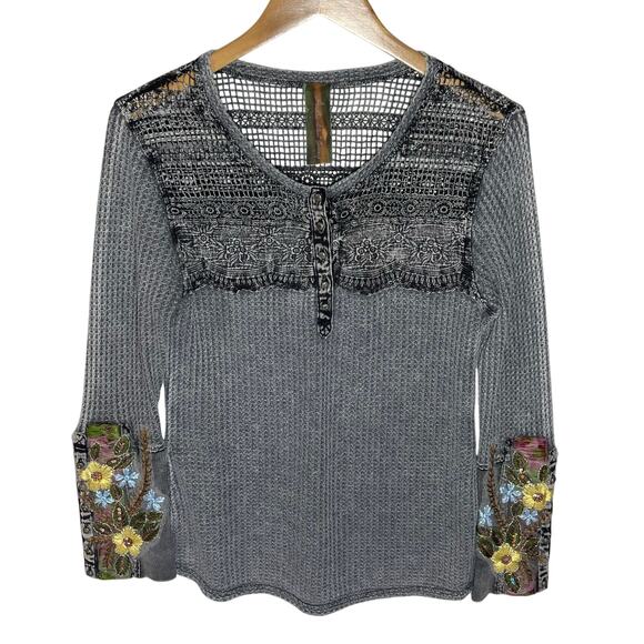 Anthropologie Tops - ARATTA SILENT JOURNEY Women’s Boho Gray Acid Wash Lace Embroidered Top